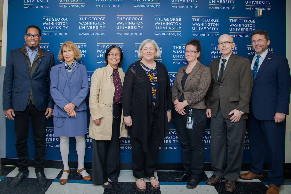 All of the panelists pictured with GW Engineering Dean Lach, GW. President Granberg, and Provost & Executive Vice Present for Academic Affairs Bracey