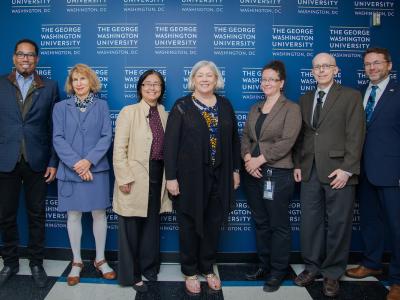 All of the panelists pictured with GW Engineering Dean Lach, GW. President Granberg, and Provost & Executive Vice Present for Academic Affairs Bracey