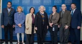 All of the panelists pictured with Dean Lach, President Granberg, and Vice Provost Bracey